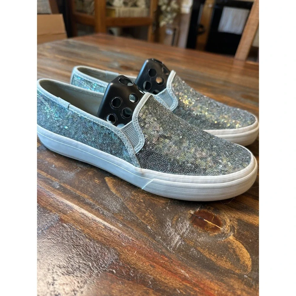 Keds Women 7 Double Decker Sequin Slip On Sneakers Silver Iridescent Dream Foam